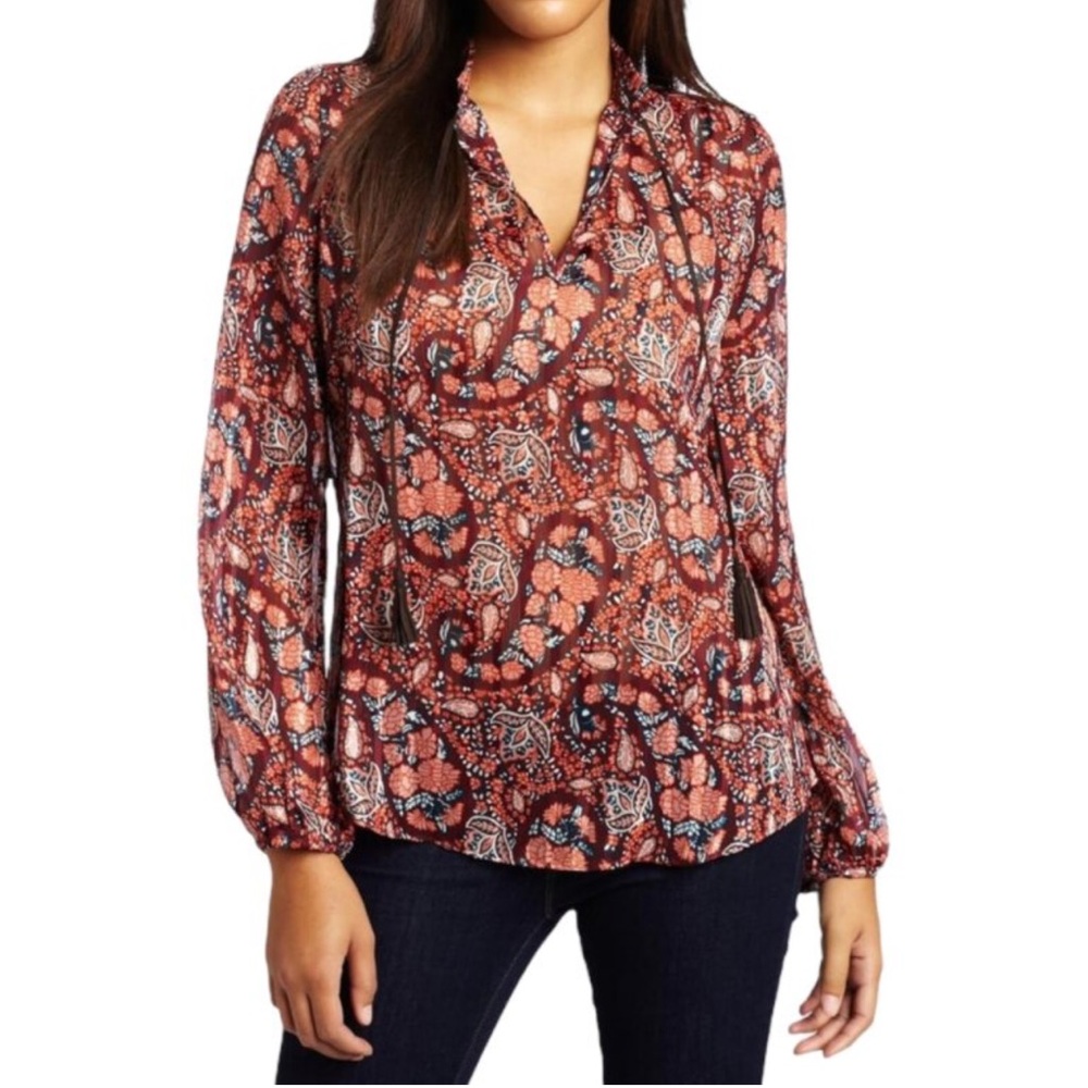 Lucky Brand Bohemian Red Paisley Floral Sheer Blouse With Leather Tassels